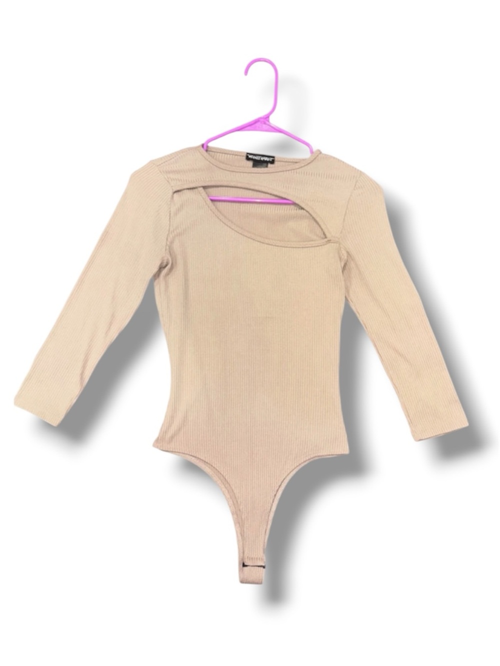 Wearever Beige Ribbed Bodysuit with Neckline Cutout Long Sleeve